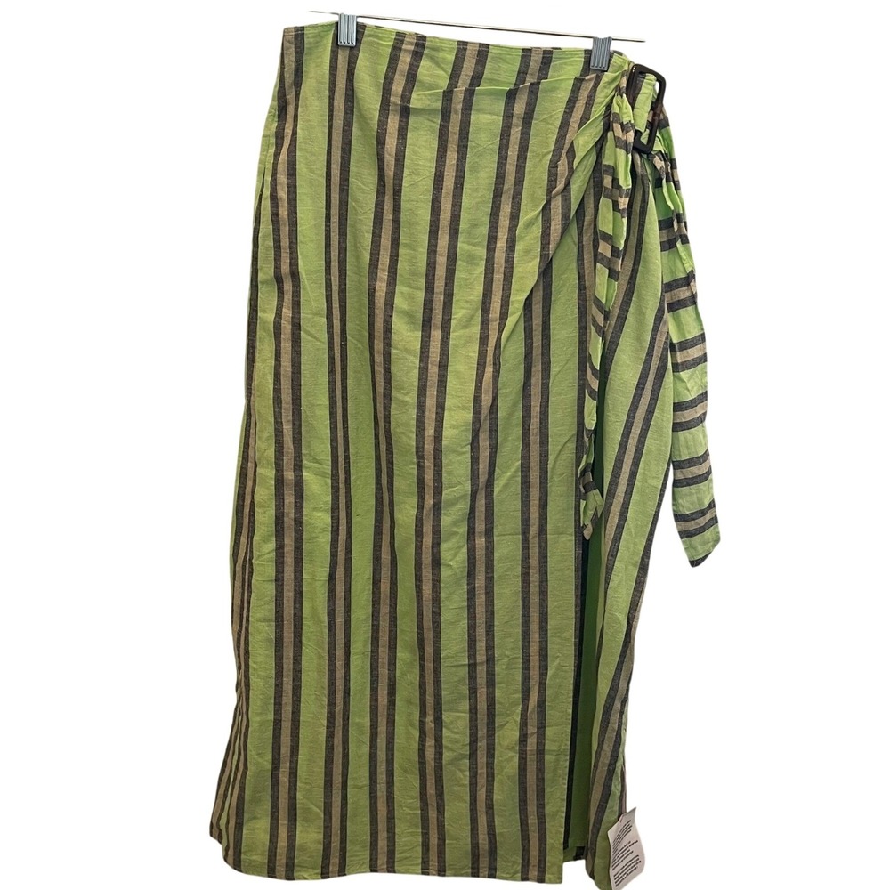 Topshop Green Striped Cotton Linen Faux Wrap Midi Skirt‎ US 8 Buckle Nautical